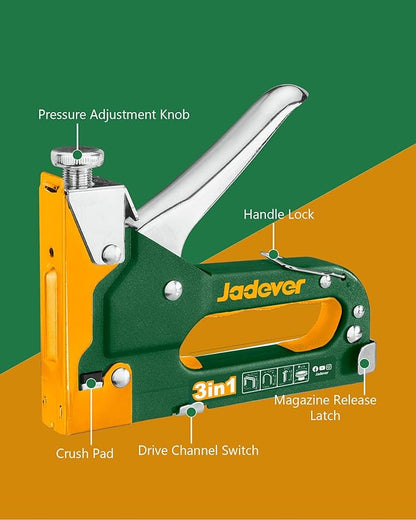 3-in-1 Staple Gun, Manual Nail Gun, Compatible with 7/16" D-Type Staple & 1/2" U-Type Staple & 3/8" T-Type Brad Nail, Adjustable Driving Force, Fit for Wood/Crafts/DIY