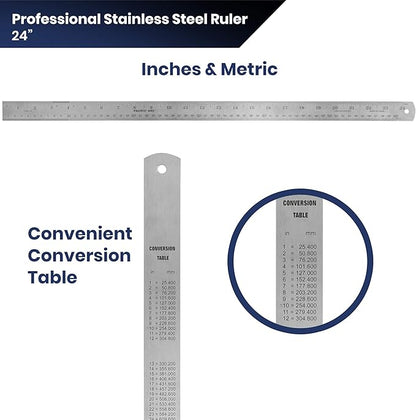 Pacific Arc 24 Inch Stainless Steel Ruler with Inch/Metric Conversion Table