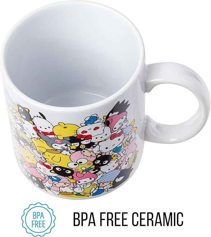 Silver Buffalo Sanrio Hello Kitty and Friends Featuring Badtz-Maru, Keroppi, My Melody, Pochacco, Chococat, Pompompurin, and Little Twin Stars Ceramic Mug, 20 Ounces