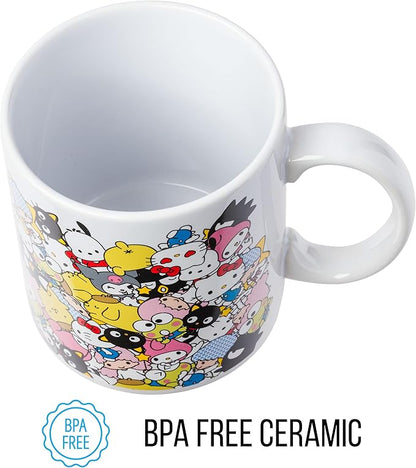 Silver Buffalo Sanrio Hello Kitty and Friends Featuring Badtz-Maru, Keroppi, My Melody, Pochacco, Chococat, Pompompurin, and Little Twin Stars Ceramic Mug, 20 Ounces