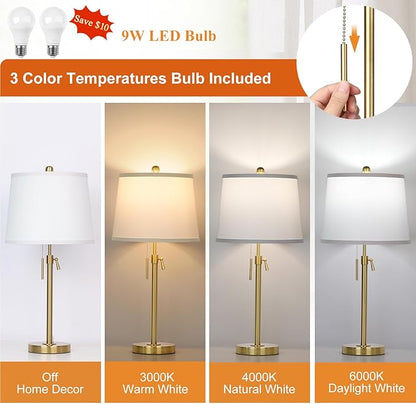 2 Pack 22"-30" Adjustable Height Table Lamps Set, Modern Gold Table Lamps with White Shade 3 Colour Temperature Pull Chain Tall Lamps for Living Room Bedroom Bedside End Table Nightstand