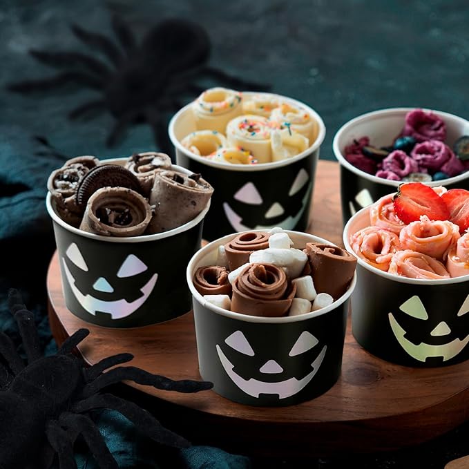 Paper Ice Cream Cups, 50-Count 9-Oz Disposable Dessert Bowls for Hot or Cold Food, 9-Ounce Halloween Party Supplies Treat Cups, Bats, Black and Silver