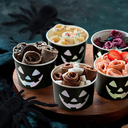 Paper Ice Cream Cups, 50-Count 9-Oz Disposable Dessert Bowls for Hot or Cold Food, 9-Ounce Halloween Party Supplies Treat Cups, Bats, Black and Silver