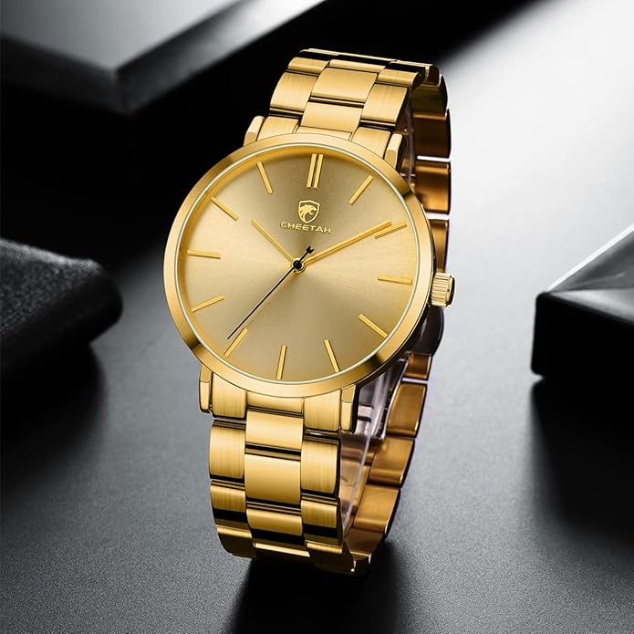 GOLDEN HOUR Men's Watches Slim Minimalist Runway Plated Stainless Steel Quartz Analog Watch