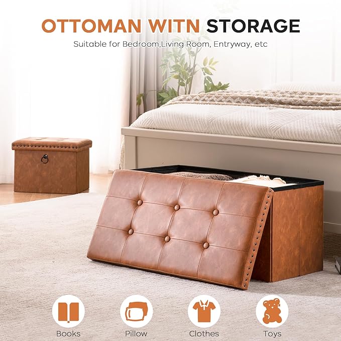 Folding Storage Ottoman 16in, Small Faux Leather Foot Rest Stool with Button Tufted Rivet Design, Footstool Bench, Ottoman with Storage for Living Room Bedroom Coffee Table 242 lbs, Brown