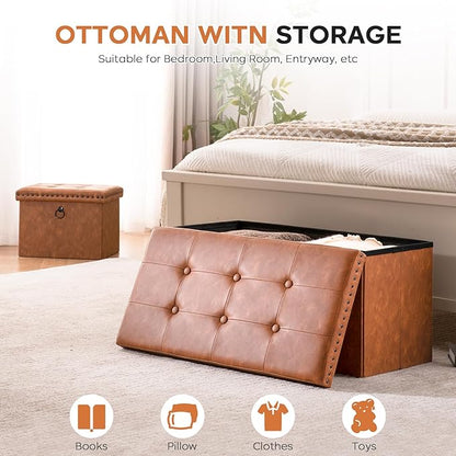 Folding Storage Ottoman 16in, Small Faux Leather Foot Rest Stool with Button Tufted Rivet Design, Footstool Bench, Ottoman with Storage for Living Room Bedroom Coffee Table 242 lbs, Brown