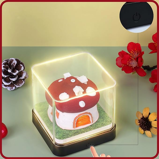 3D Time Piece Calendar 2026 DIY Calendars Tear Away Carving Art 3D Memo Pad Calendar With LED Lights sculpture artsy pads calendar notepad for Desktop Decor-Red Mushroom House