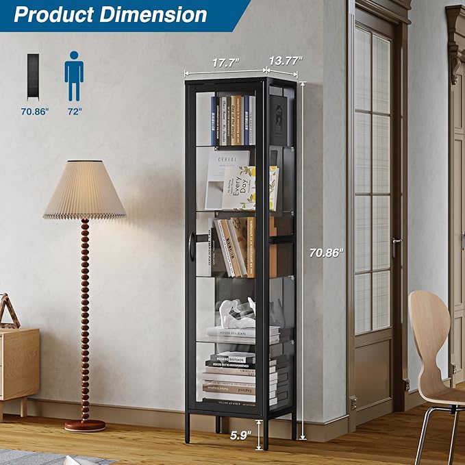 Display Storage Cabinet with Glass Doors, 71 Inches Metal Curio Cabinets with 4 Adjustable Shelves, HD&Tempered Glass Cabinet Display Case for Home, Office, Pantry, Assemble Required (Black)