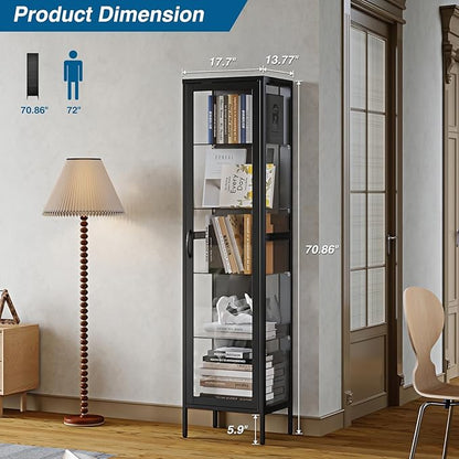 Display Storage Cabinet with Glass Doors, 71 Inches Metal Curio Cabinets with 4 Adjustable Shelves, HD&Tempered Glass Cabinet Display Case for Home, Office, Pantry, Assemble Required (Black)