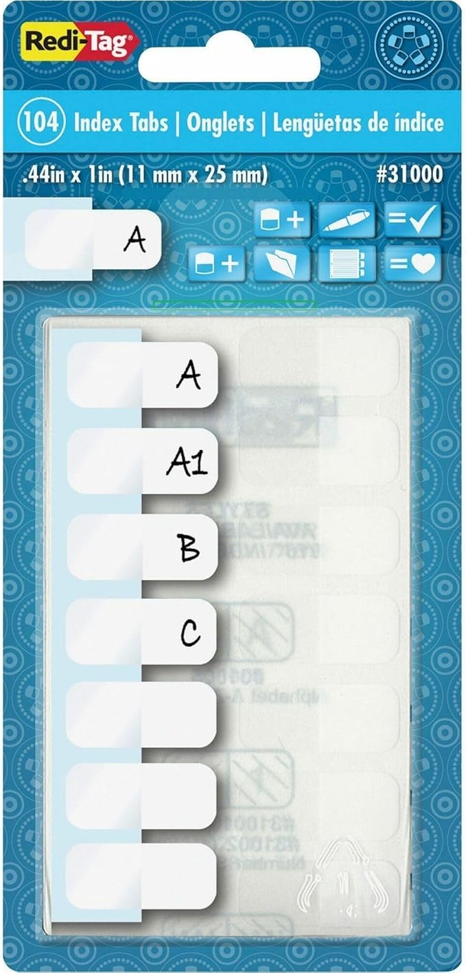 Redi-Tag, RTG31000, Permanent Stick Write-On Index Tabs, 104 / Pack , White