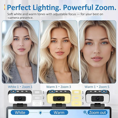 2K Webcam for PC/Laptop/Mac with Light, USB Computer Camera with Microphone for Desktop Monitor 【Focus in Shared or Home Space】 Auto Anti-Disturb Backlight, Zoom, Flip, Plug & Play