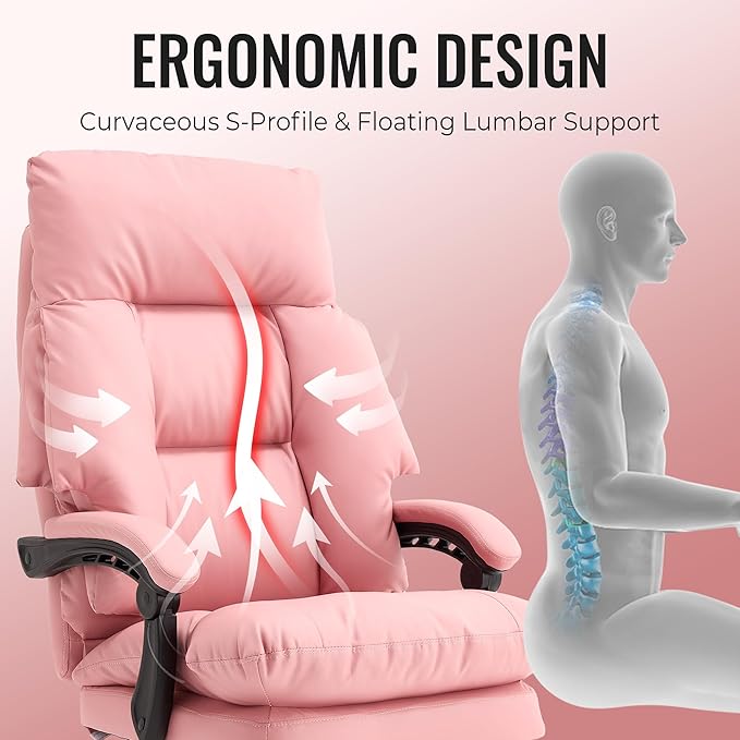 Pink Office Chair with Footrest 500lbs,Reclining Leather Computer Chair for Heavy People, Big and Tall Comfy Executive Desk Chair with Lumbar Support & Pillow,High Back