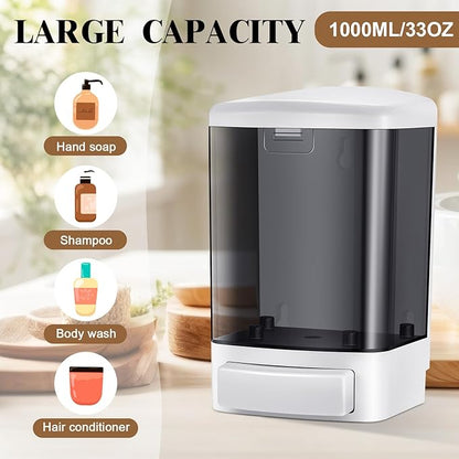 Hushee 4 Pcs Plastic Wall Mounted Soap Dispenser Commercial Manual Soap Containers Wall Dispenser for Kitchen Shower Hotel Liquid Shampoo Gel Chamber(33.8 oz 1000 ml,Black)