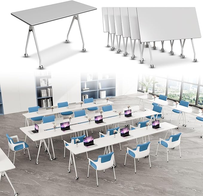 Folding Conference Table, Rectangular Conference Room Tables, Mobile Modular Training Table, Solid Steel Frame,Thickened Panel,for Offices,Meeting Room,Offices andSchools (6, White, 71in)