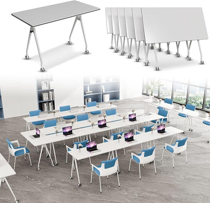 Folding Conference Table, Rectangular Conference Room Tables, Mobile Modular Training Table, Solid Steel Frame,Thickened Panel,for Offices,Meeting Room,Offices andSchools (6, White, 71in)