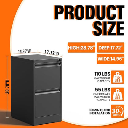 2-Drawer Locking Vertical File Cabinet, Metal Storage Cabinet for Office/Home – Secure Vertical Filing for Letter/Legal/A4/F4 Documents, Easy to Assemble Steel Cabinet, Black (Black, 2 Drawer-28 H)