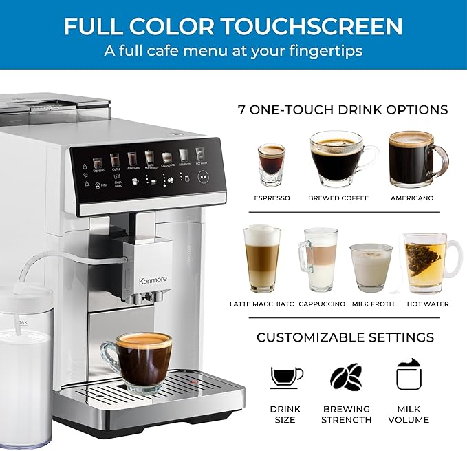 Kenmore Fully Automatic Espresso Machine – Programmable Coffee Machine With Integrated Bean Grinder, Milk Steamer, Frother, Descaler, Barista Cappuccino, Latte, Americano Brewing System, White