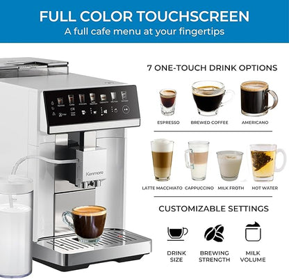 Kenmore Fully Automatic Espresso Machine – Programmable Coffee Machine With Integrated Bean Grinder, Milk Steamer, Frother, Descaler, Barista Cappuccino, Latte, Americano Brewing System, White