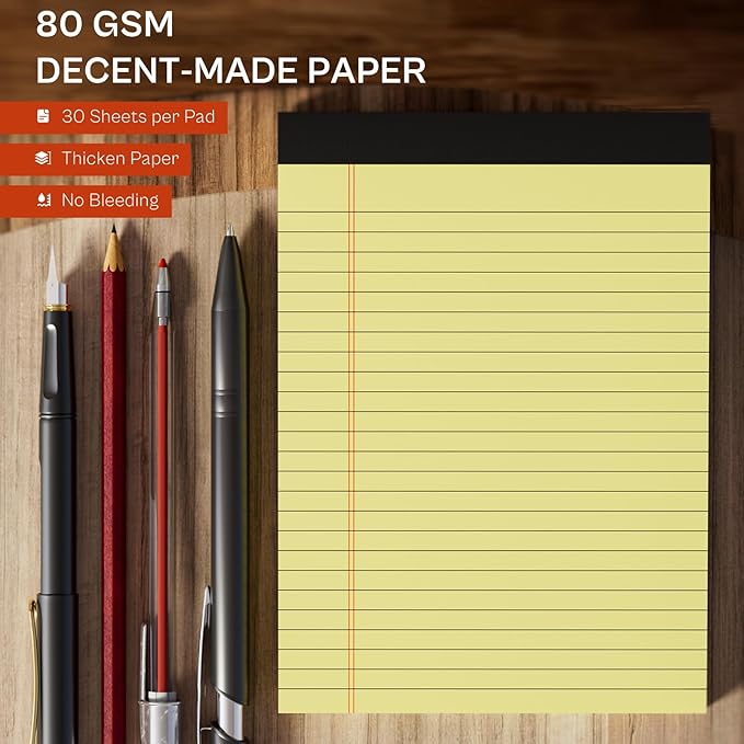 5x8 Note Pads, Small Legal Pads 5x8 Yellow, College Ruled, Small Writing Pads, 4 Pack, 5 x 8 Note Pads, Premium Thick Yellow Paper Note Pads 5x7, 30 Sheets per 5x8 Legal Pad, Lined Writing Note Pad