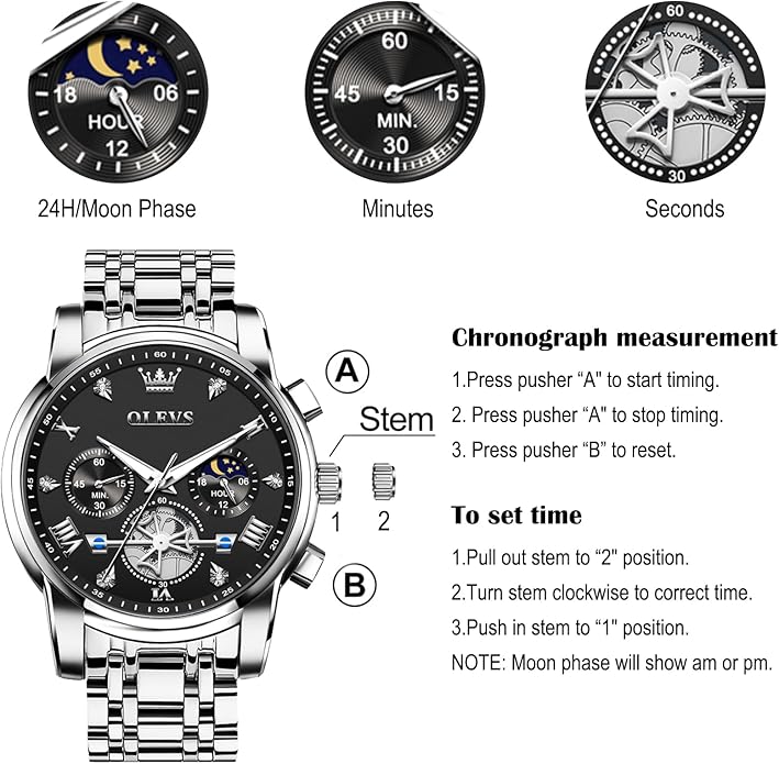OLEVS Men Watches Stainless Steel Chronograph Watch, Large Wrist Analog Quartz Watch, Fashion Waterproof Diamond Roman Numerals Dress Watches for Men, Gold/Black/White/Blue/Grey Dial