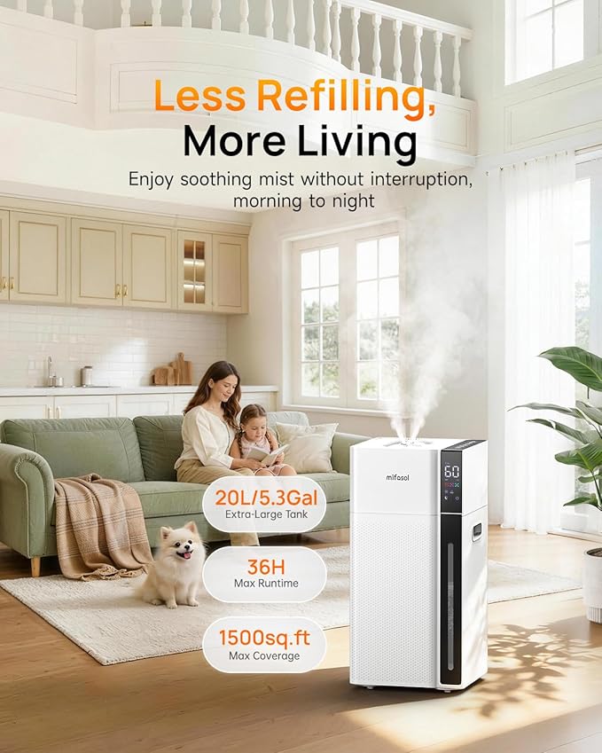 Mifasol Humidifier Large Room, 5.3Gal/20L Warm & Cool Mist Humidifiers for Home 1500 sq ft, Whole House Humidifier, Humidifiers for Bedroom Home Plants Office Large Areas, White