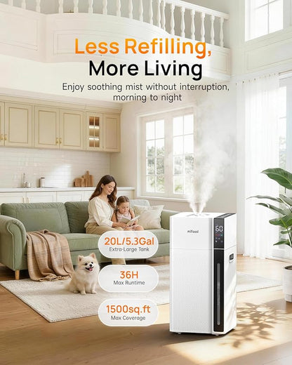 Mifasol Humidifier Large Room, 5.3Gal/20L Warm & Cool Mist Humidifiers for Home 1500 sq ft, Whole House Humidifier, Humidifiers for Bedroom Home Plants Office Large Areas, White