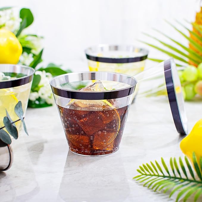 WELLIFE 120 PCS Black Plastic Cups,9 oz Clear Cups for Party and Wedding,Disposable Cocktail Glasses,Plastic Wine Glasses Disposable