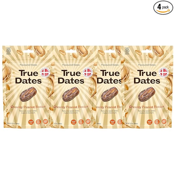 True Dates Candy Dates - Creamy Peanut Butter - Dates With Candy Flavor, Vegan, No Added Sugar, Gluten Free - 3.5oz Bags (4 Pack)
