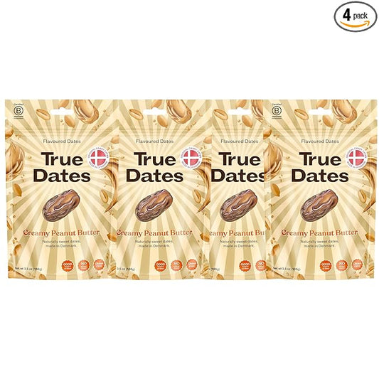 True Dates Candy Dates - Creamy Peanut Butter - Dates With Candy Flavor, Vegan, No Added Sugar, Gluten Free - 3.5oz Bags (4 Pack)