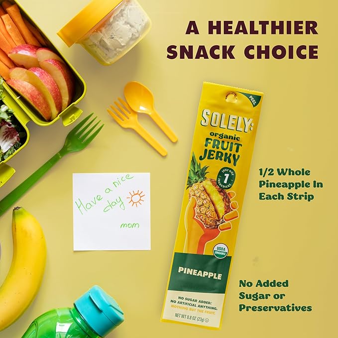 SOLELY - Organic Pineapple Fruit Jerky - 12 Individually Wrapped Strips - Fruit Leather Made from Dried Fruit - Healthy Snacks for Adults & Kids - Non GMO, Vegan Snacks - 0.8oz (23g)