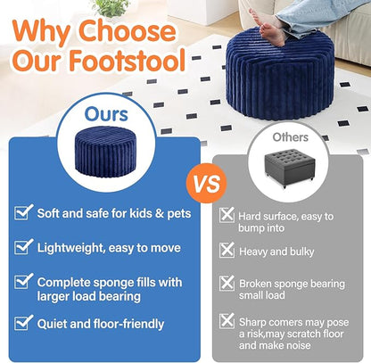 Tiita Round Stuffed Pouf Ottoman, Stripe Faux Fur Poufs with Foam Chunk Filling, Furry and Fluffy Pouf 21×21×12 inch Foot Stool Storage Ottoman,Puff Office Foot Rest for Couch Living Room, Navy Blue