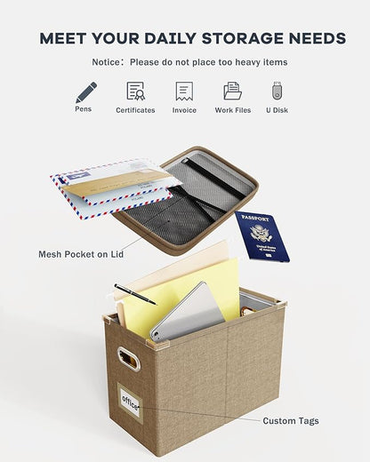 Oterri Hanging Filing File Box with Mesh Pocket, File Organizer Box with Lid, Collapsible Document Organizer Box for Letter Size, Easy Slide Durable Storage Box for Office/Decor/Home (2 PCS, Khaki)