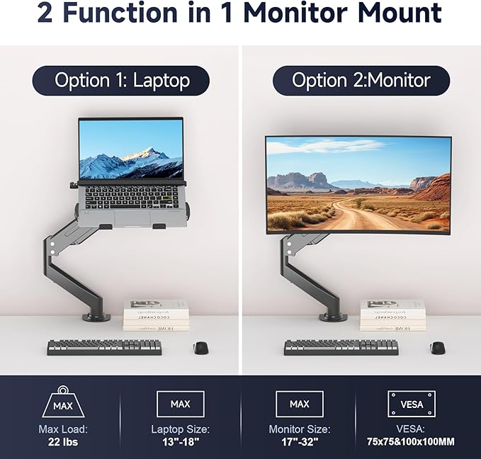Suptek Laptop Desk Mount,Fully Adjustable Monitor and Laptop Mount Stand for 11-17 Inch Notebook and 17-32 inch Monitor Screen,Holds 22lbs with Vented Tray