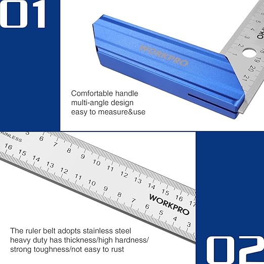 WORKPRO 8 Inch Try Square with Aluminum Handle - Woodworking Square Precision for Professional Carpentry Use & Premium Stainless Steel Ruler