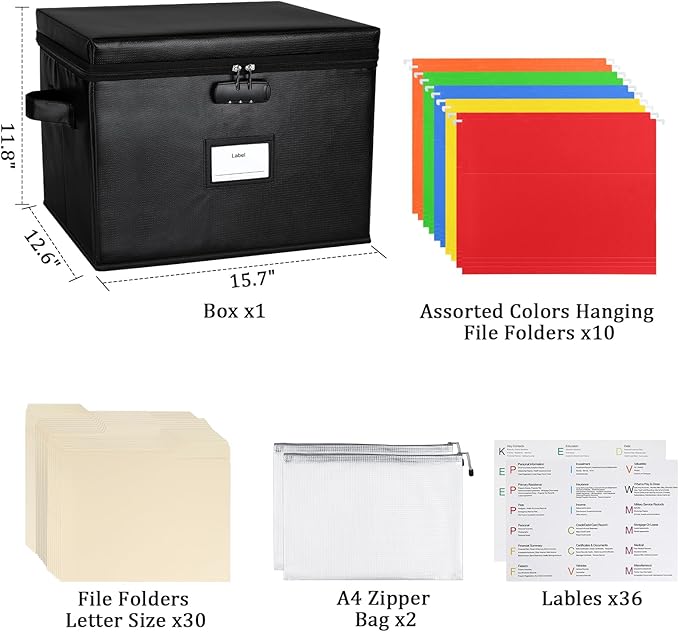 File Box Fireproof Document Box with Lock, Document Safe File Storage Organizer Boxes for Next of Kin Estate Planing Organizer End of Life Planner (Box With Accessories, Black)