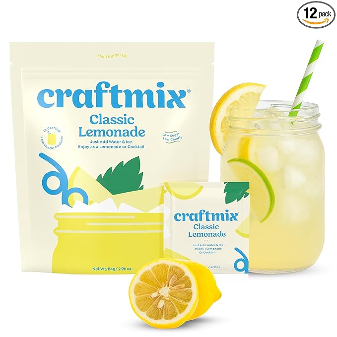 Craftmix Classic Lemonade Mix, 12 Packets, Easy Powder Drink with Real Fruit, Low-Sugar, Vegan, Low-Carb, Non-GMO, Dairy-Free, Gluten-Free, Flavored Water Enhancer, On-the-Go Water Flavoring Packets