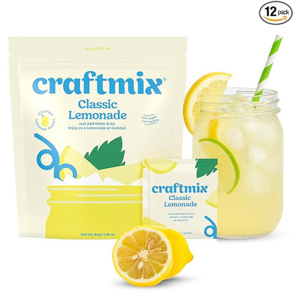 Craftmix Classic Lemonade Mix, 12 Packets, Easy Powder Drink with Real Fruit, Low-Sugar, Vegan, Low-Carb, Non-GMO, Dairy-Free, Gluten-Free, Flavored Water Enhancer, On-the-Go Water Flavoring Packets