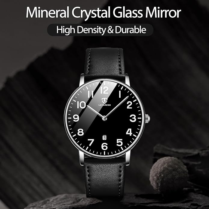 L LAVAREDO Watch for Men, Extremely Thin Mens Watches Minimalist Analog Men's Leather Wrist Watches with Time/Date, Birthday Gift for Men Boyfriend
