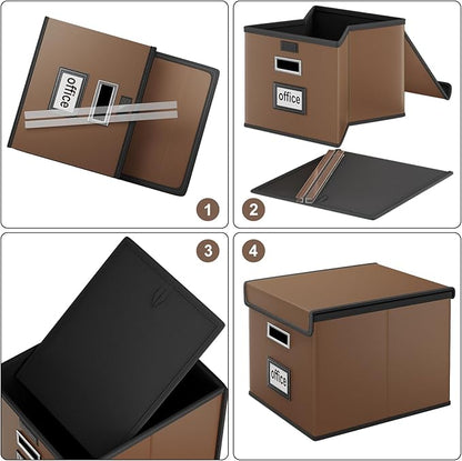 Huolewa Faux Leather File Organizer Box with Lid, Collapsible Hanging File Folder Box Organizer with Plastic Slides, Decorative Home/Office Filing System Boxes for File and Folder Storage-Brown
