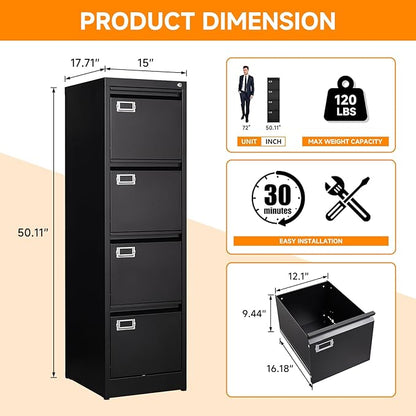 4 Drawer File Cabinet with Lock Metal Filling Cabinet Vertical Locking File Cabinets for Home Office to Hanging F4/A4 SizeA4 Legal/Letter Size, Assembly Required,Black