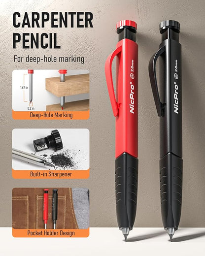 Nicpro 2 Pack Carpenter Pencil Set with Sharpener & Finger Grip, Mechanical Woodworking Pencils with 26 Refills (Red, Black, Yellow), Deep Hole Marker Heavy Duty Construction Pencils - With Case