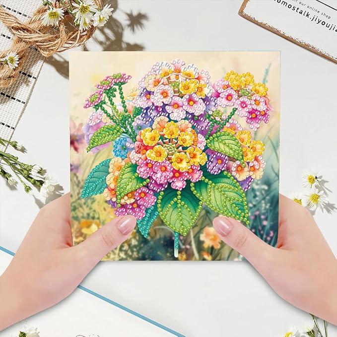 6PCS Diamond Art Painting Greeting Cards,Happy Birthday Cards with Envelopes,DIY Card Making Kits Thank You Card Arts Crafts for Birthday(Flower)