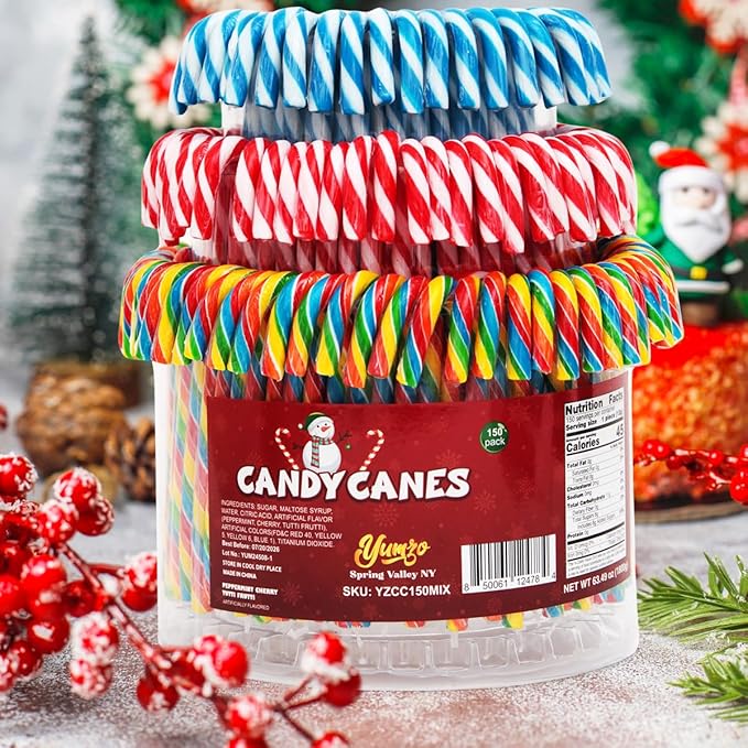 Christmas Candy Canes Tutti Frutti, Blue/White Peppermint, Red and White Cherry Mix Flavors - Bulk Candy Canes Individually Wrapped for Family Holiday Indulgement, Candy Cane Gift Set (150 Count)