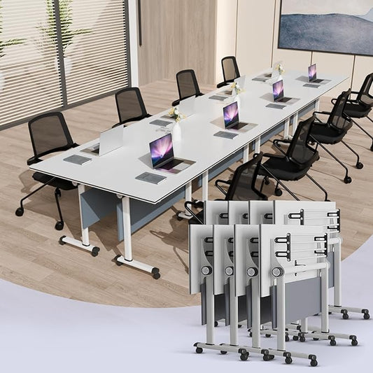 Conference Table, Foldable Conference Room Tables with Silent Wheels, Folding Modular Seminar Meeting Tables, Modern Rectangle Training Table for Office, Boardroom (8, Grey2, 61.0)