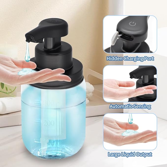 12 oz Automatic Touchless Glass Soap Dispenser, Rechargeable Hands Free Liquid Mason Jar Soap Dispenser with Electric Sensor Pump, Refillable Lotion Bottle for Bathroom Kitchen Dishwashing Countertop