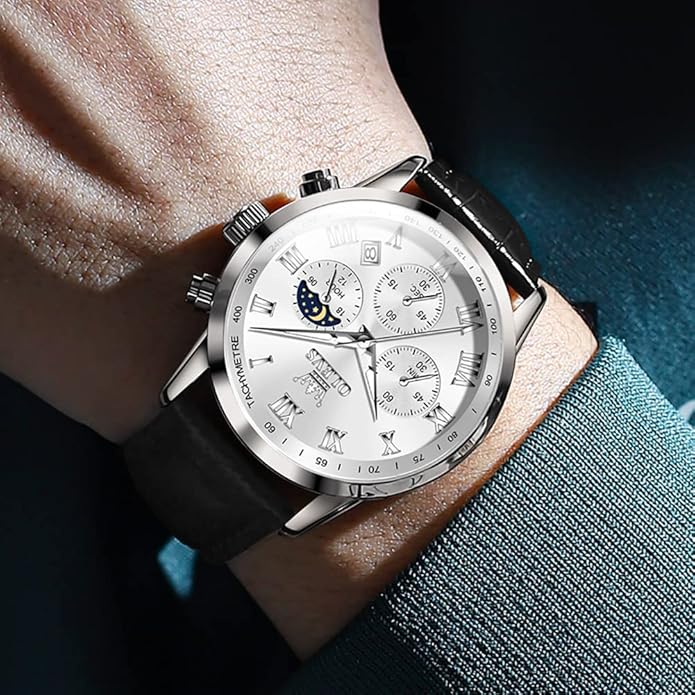 OLEVS Men's Leather Analog Quartz Watch - Luxury Chronograph Wristwatch With Date, Waterproof, Luminous - Dress Style