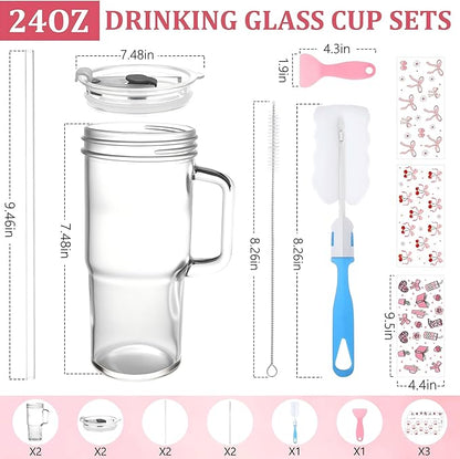 Birity 24oz Pink Bow Glass Cups with Lids and Straws,2 Set Glass Tumbler with Handle,Galss Cup with Stickers and Aesthetic Iced Coffee Cup for Smoothies,Tea,Juice,Boba,Christmas Gifts for Women