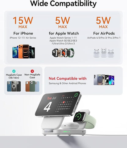 INIU Foldable Magnetic Wireless Charger, Qi2 Certified 3-in-1 Travel Charging Station with 15W Fast Charge - Compatible with Mag-Safe for iPhone 17/16/15 Series, Apple Watch, AirPods (White)