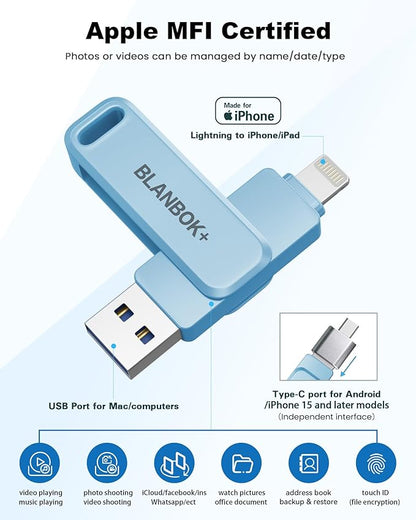 MFi Certified 256GB Flash Drive for iPhone Photo Stick, USB Memory Stick iPhone Flash Drive for Photos Videos, High Speed External Storage USB Stick Thumb Drive for iPhone/iPad/Android/PC(Sky Blue)