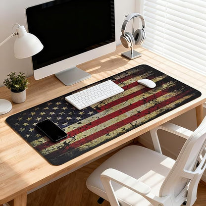 American Antique Flag Patterns Desk Mat, Large Gaming Mouse Pad Non-Slip Rubber Base with Stitched Edges, Waterproof Protection for PC Laptop Home Office Desk Decor (31.5x15.7in)